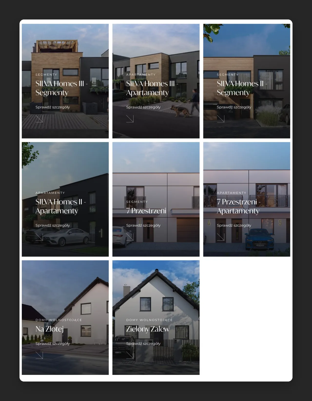 Podstrona „Oferta” z 8 kaflami inwestycji KACHEL Development