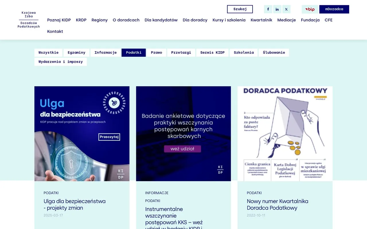 Aktualności na kidp.pl filtrowane po kategoriach Podatki, Szkolenia i Egzaminy