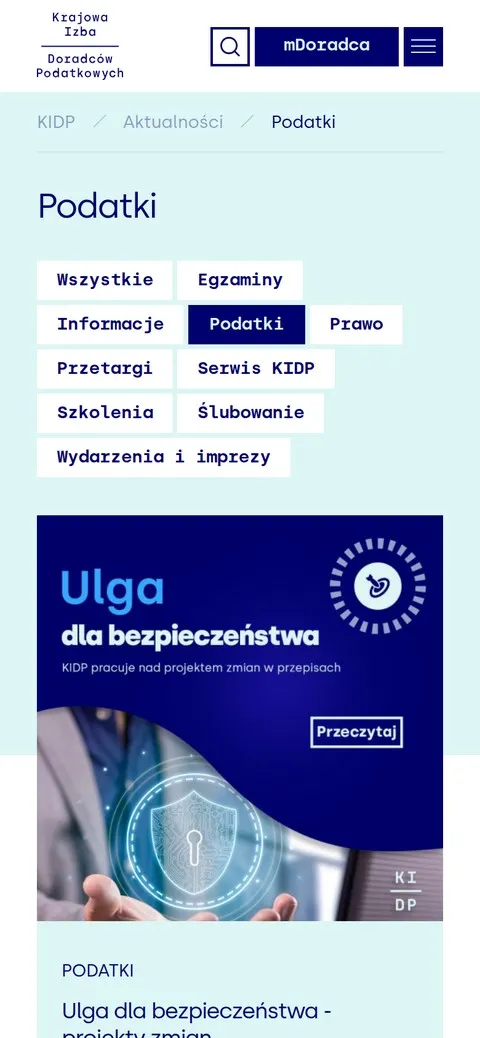 kidp.pl na telefonie: otwarte menu, sekcja Dla doradcy i aktualności z kategoriami