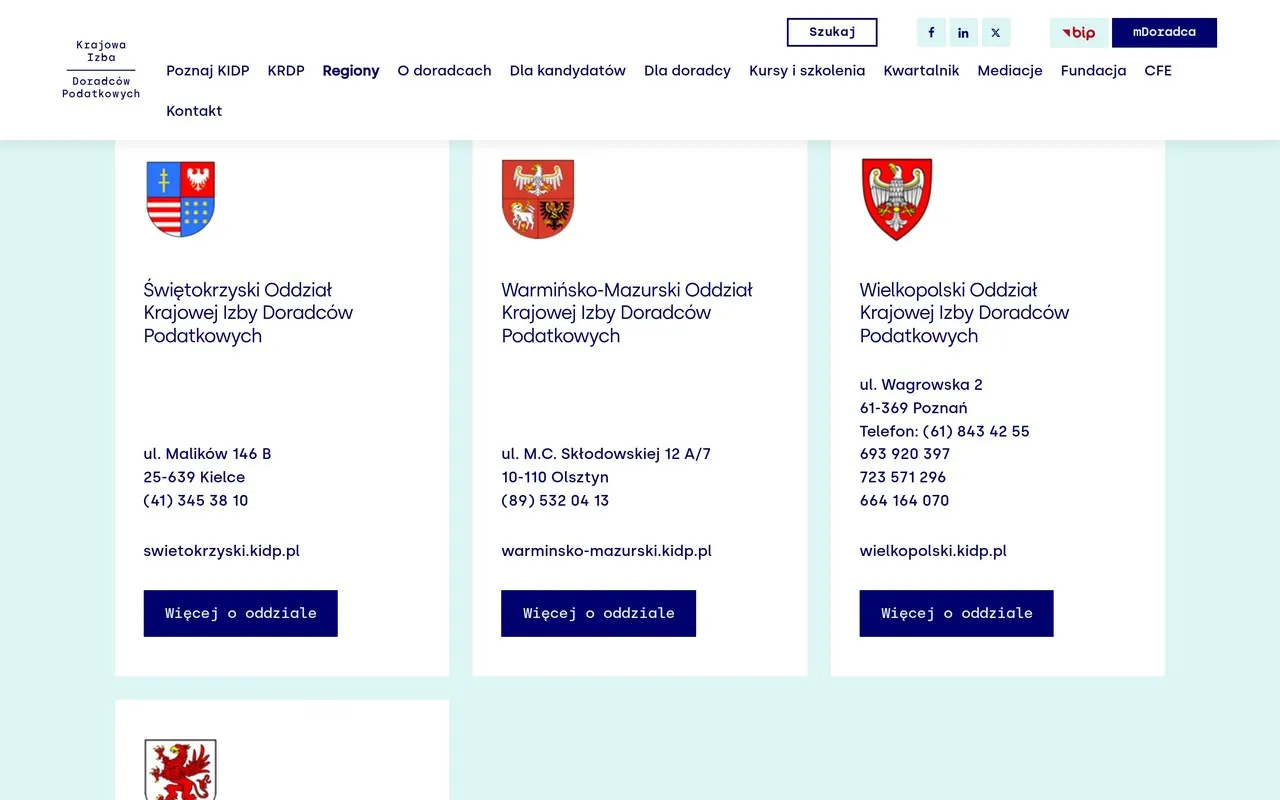 Karty regionalnych oddziałów KIDP z herbami województw i adresami stron oddziałów