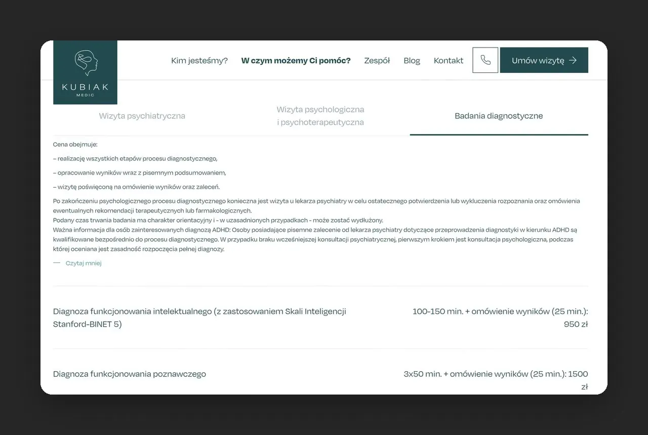 Cennik badań diagnostycznych na kubiakmedic.pl z rozwiniętym opisem diagnozy w kierunku ADHD