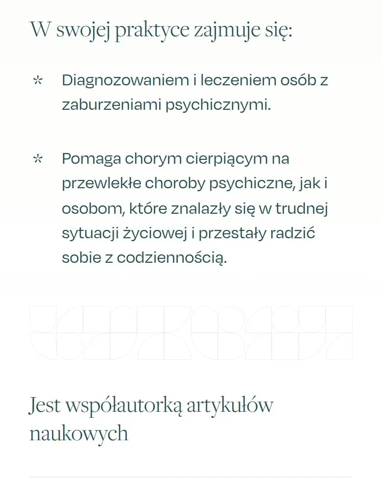 Profil lekarza na telefonie: sekcje W swojej praktyce zajmuje się i artykuły naukowe
