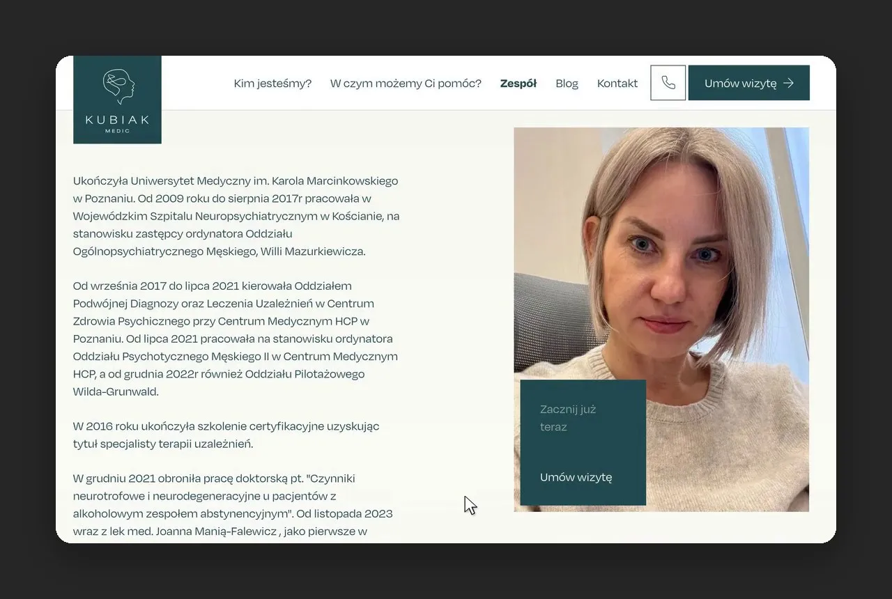 Profil lekarza psychiatry na kubiakmedic.pl z rozwiniętym opisem doświadczenia