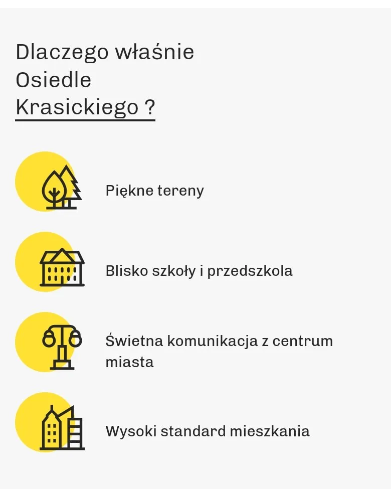 Sekcja „Dlaczego właśnie Osiedle Krasickiego?” z ikonami na telefonie
