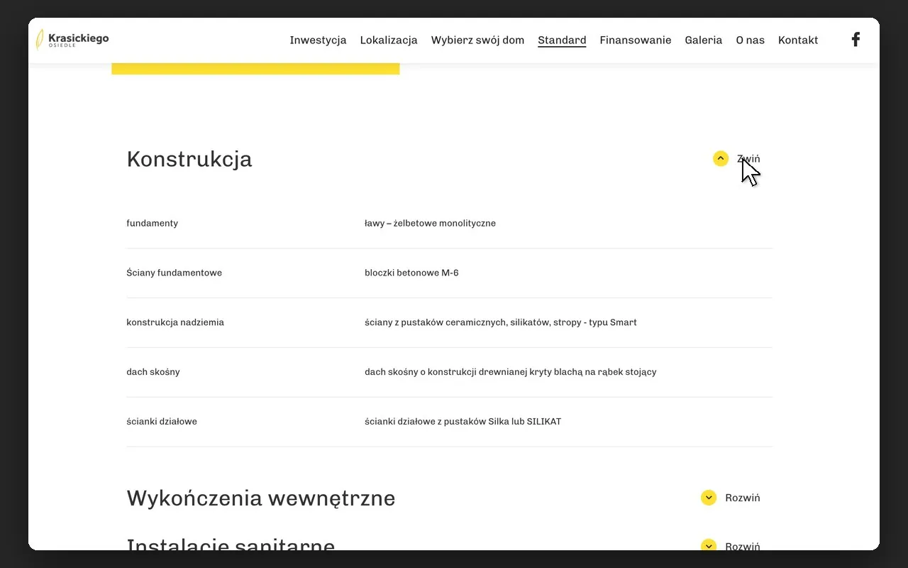Rozwinięta sekcja „Konstrukcja” w standardzie wykończenia Osiedla Krasickiego