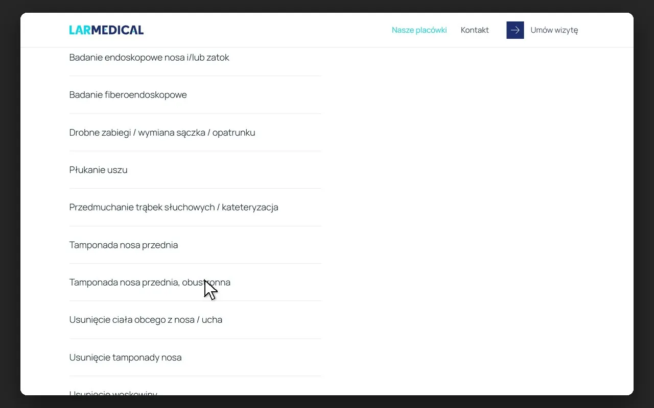 Rozwinięta lista „Świadczymy usługi” na karcie przychodni w Brzegu