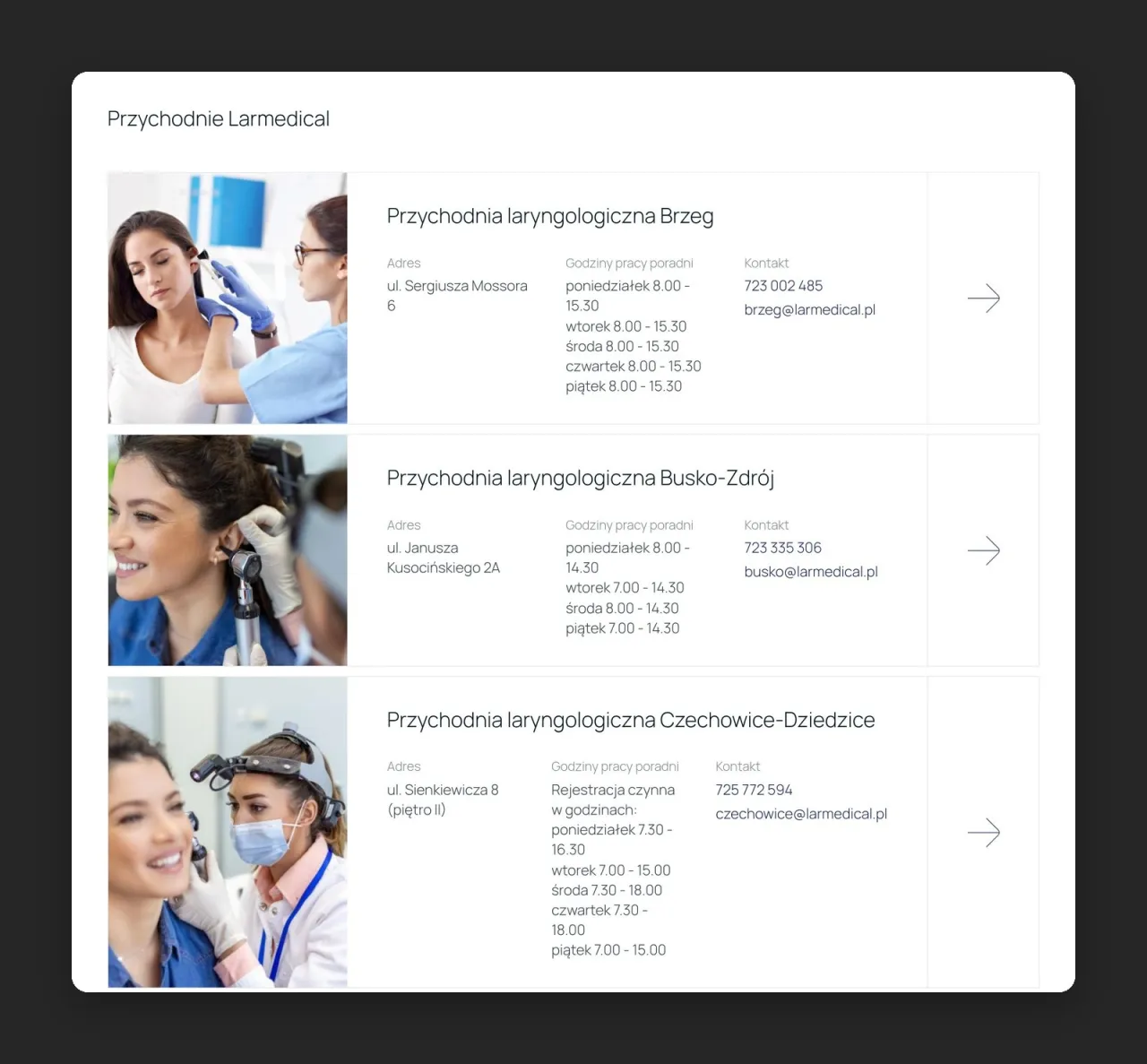 Lista „Przychodnie Larmedical” z adresem, godzinami pracy poradni i kontaktem