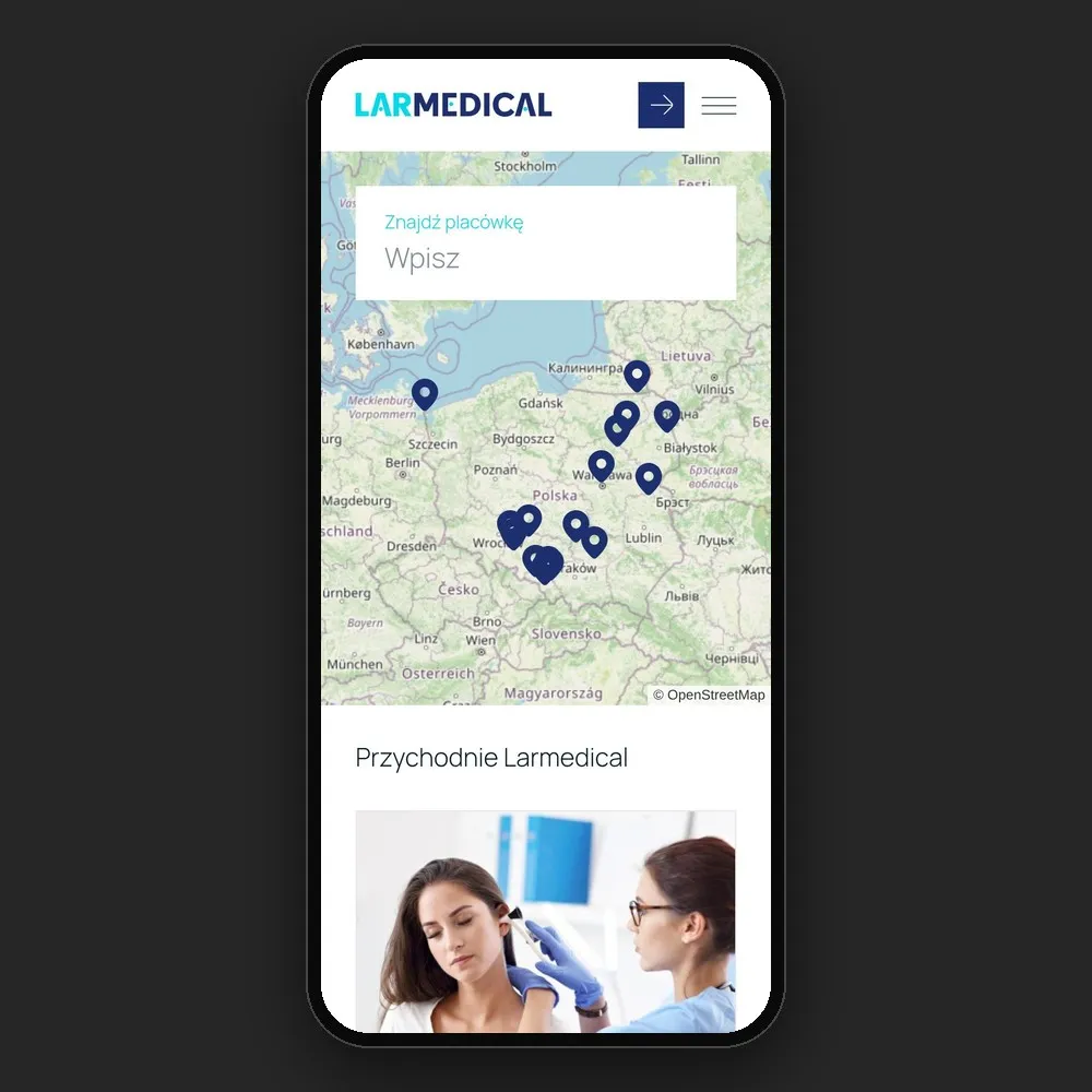 Mapa i lista przychodni Larmedical na telefonie