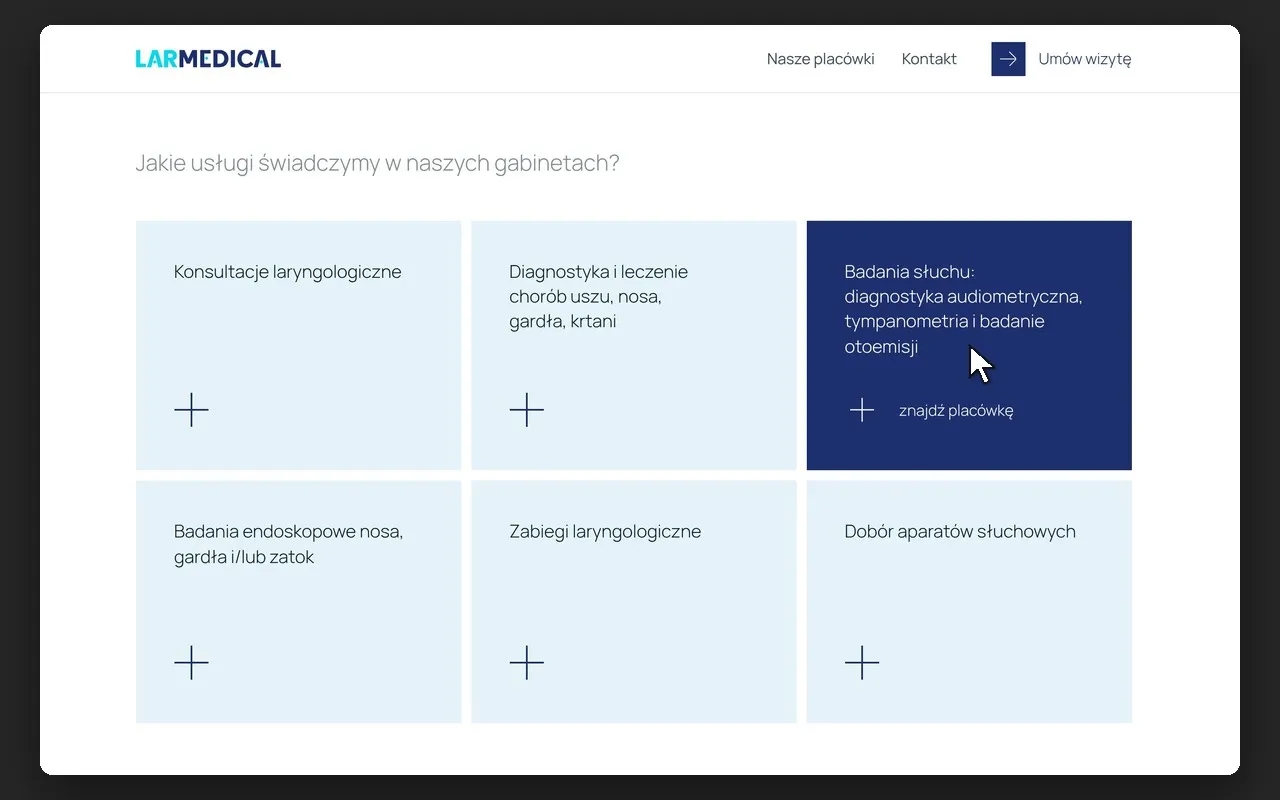 Kafelki 6 usług na stronie głównej larmedical.pl z linkiem „znajdź placówkę”