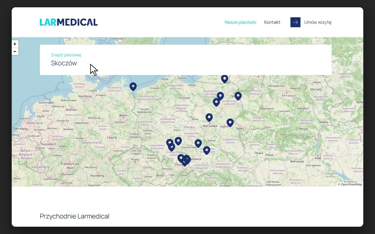 Pole „Znajdź placówkę” z wpisanym miastem nad mapą przychodni Larmedical