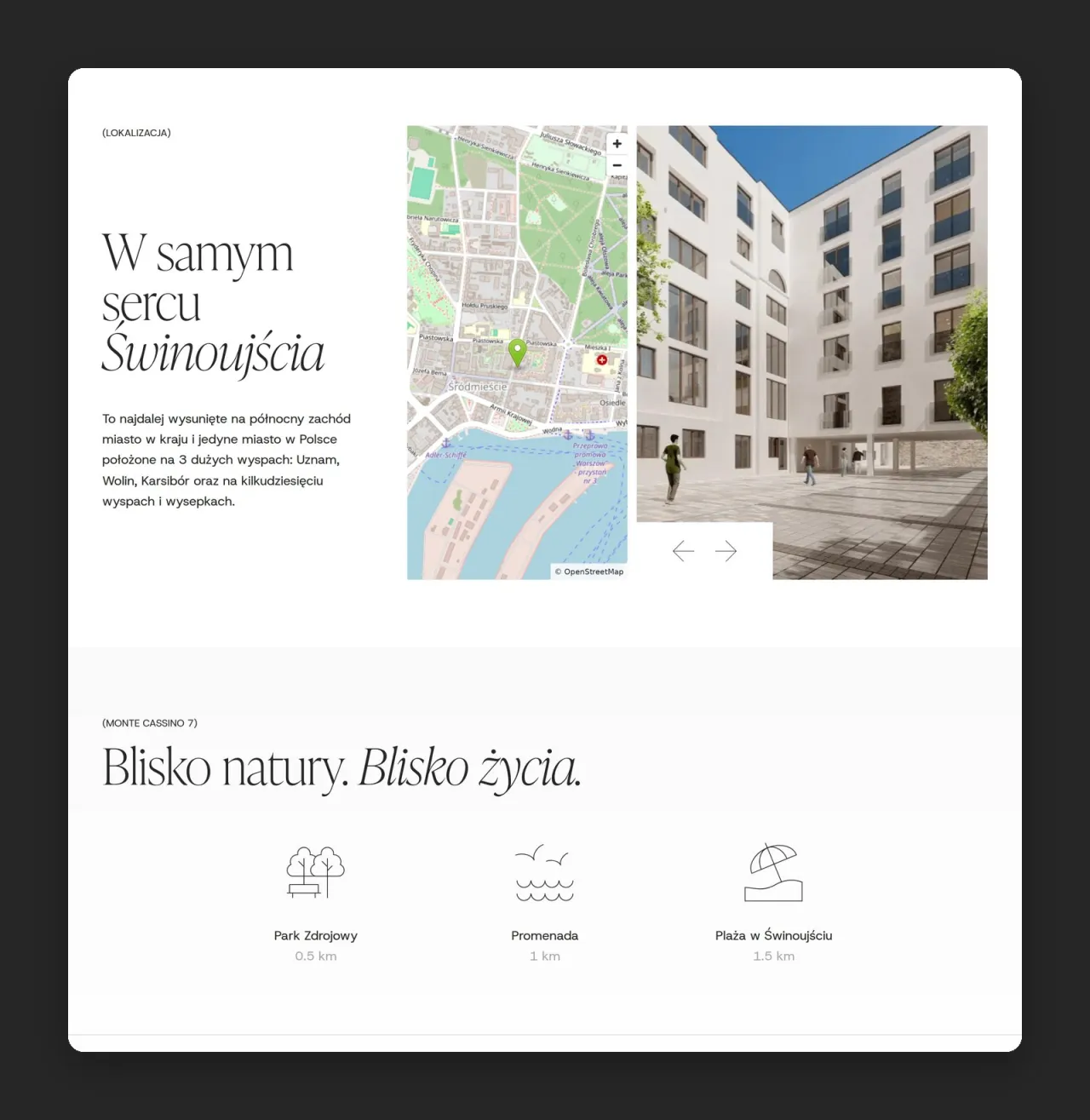 Podstrona Lokalizacja Monte Cassino Apartments z mapą i odległościami do parku, promenady i plaży