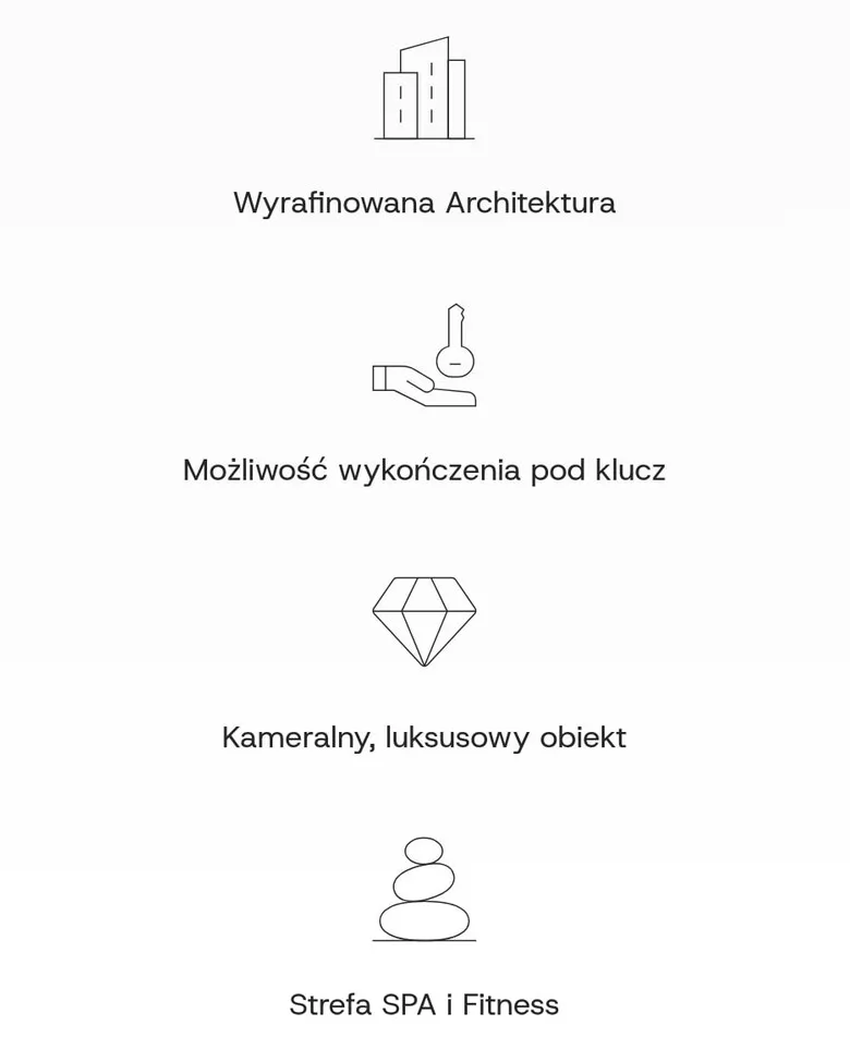 Ikony atutów inwestycji: architektura, wykończenie pod klucz, kameralny obiekt, strefa SPA i fitness – na telefonie