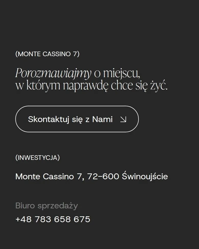 Sekcja kontaktowa „Porozmawiajmy o miejscu…” z adresem inwestycji i telefonem biura sprzedaży na telefonie
