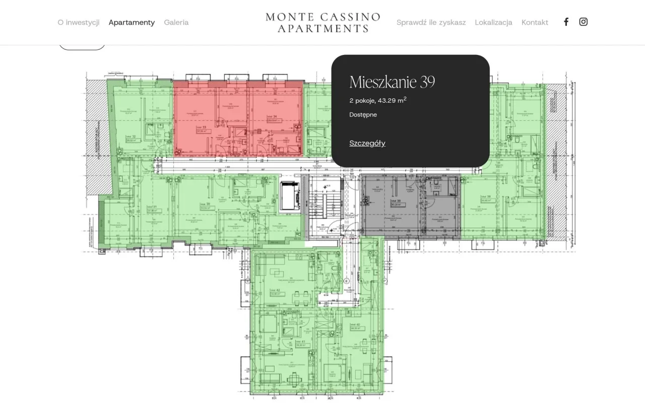 Rzut 3. piętra Monte Cassino Apartments z kolorami statusów i dymkiem mieszkania 39