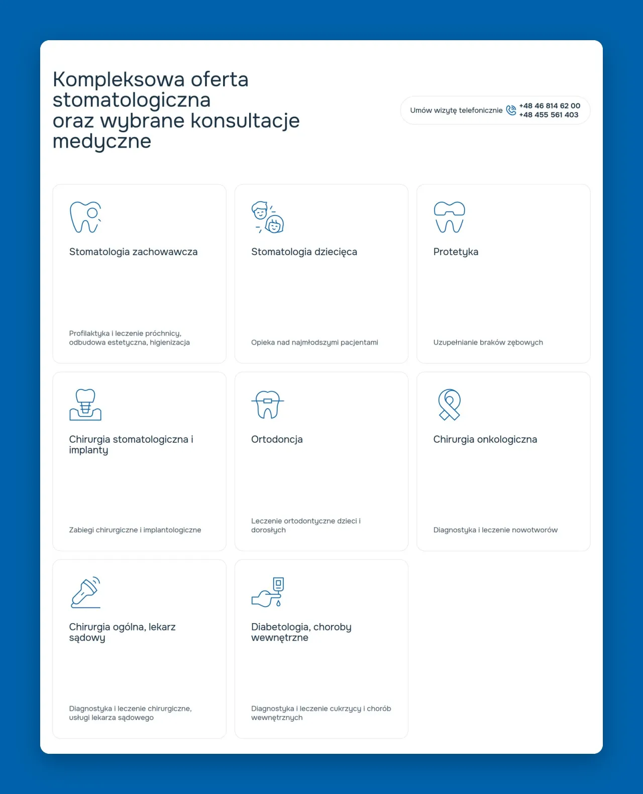 Oferta Przychodni Miła na stronie głównej: 8 usług stomatologicznych i specjalistycznych w kafelkach