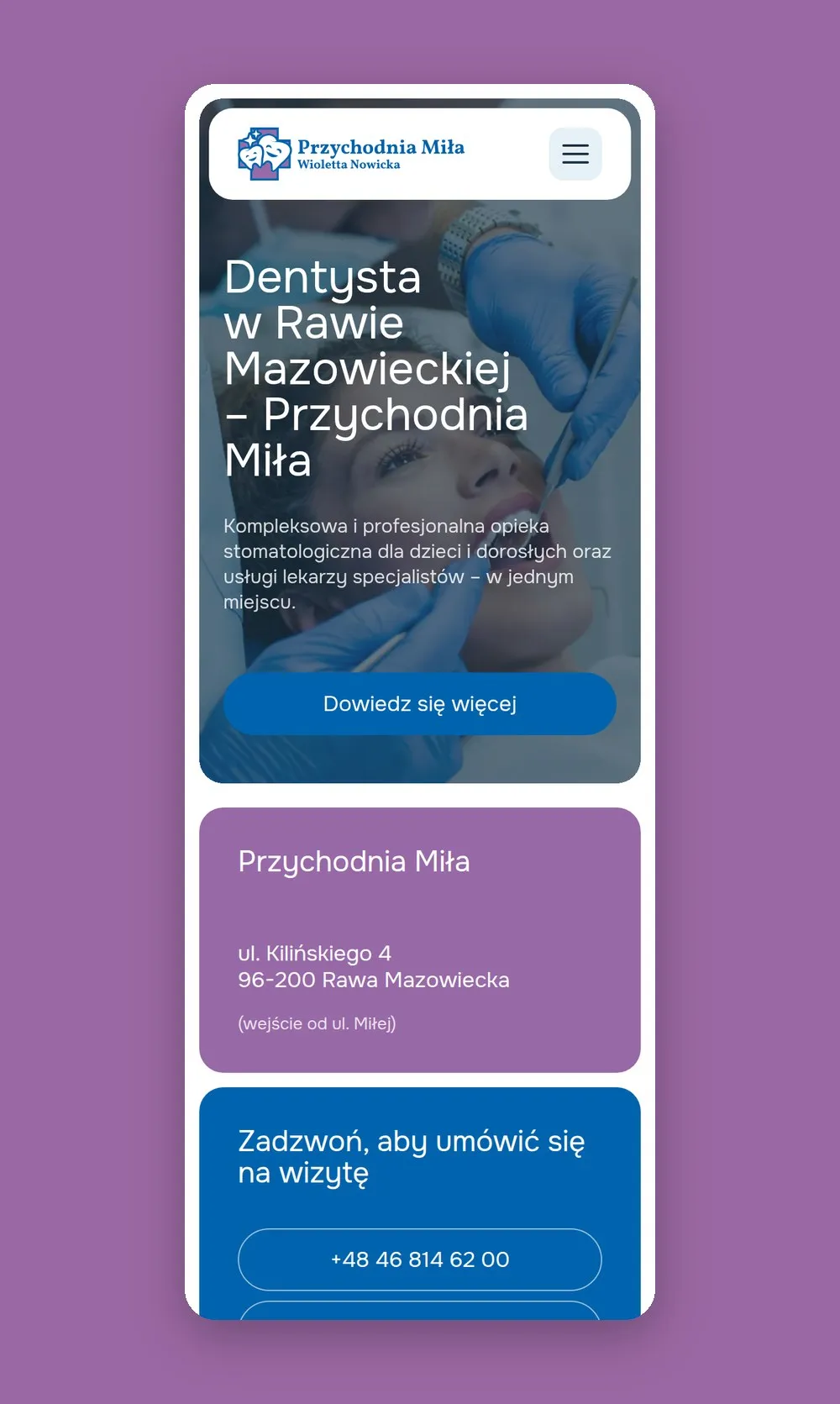 Strona główna Przychodni Miła na telefonie z adresem i przyciskami do rejestracji