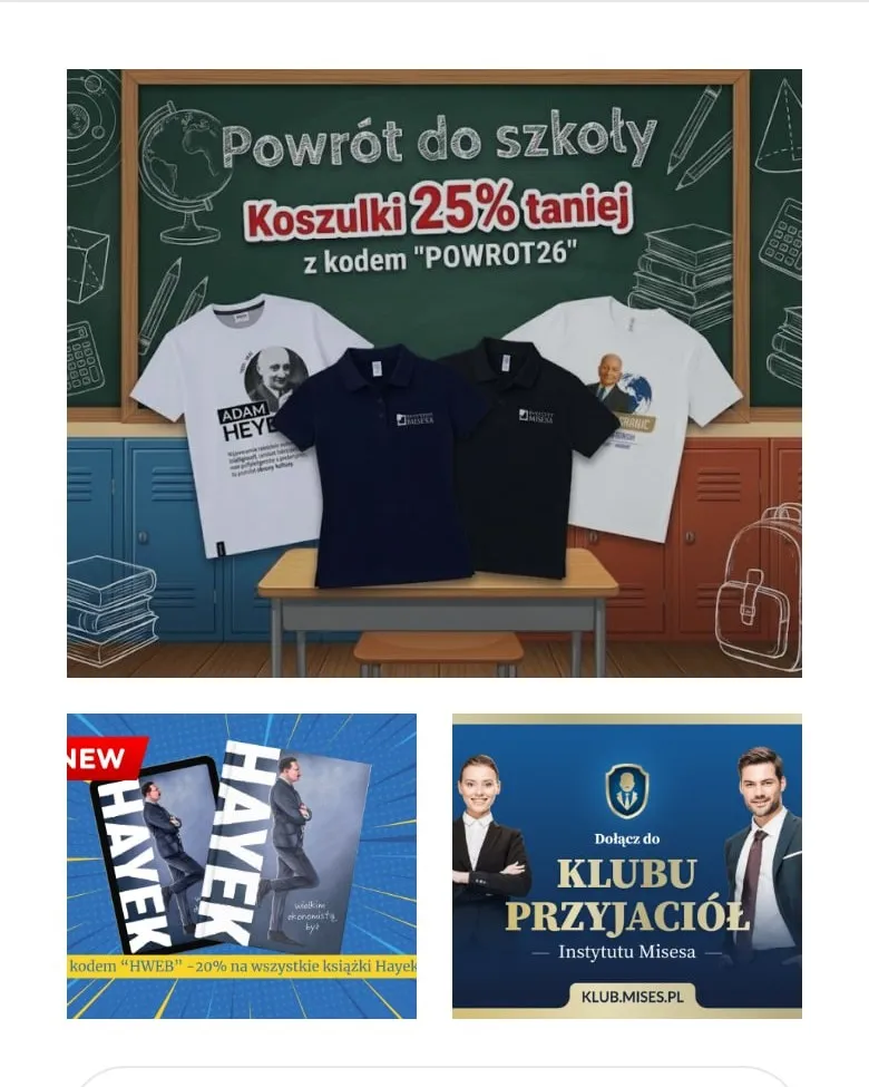 Strona główna sklepu Instytutu Misesa z banerami na telefonie