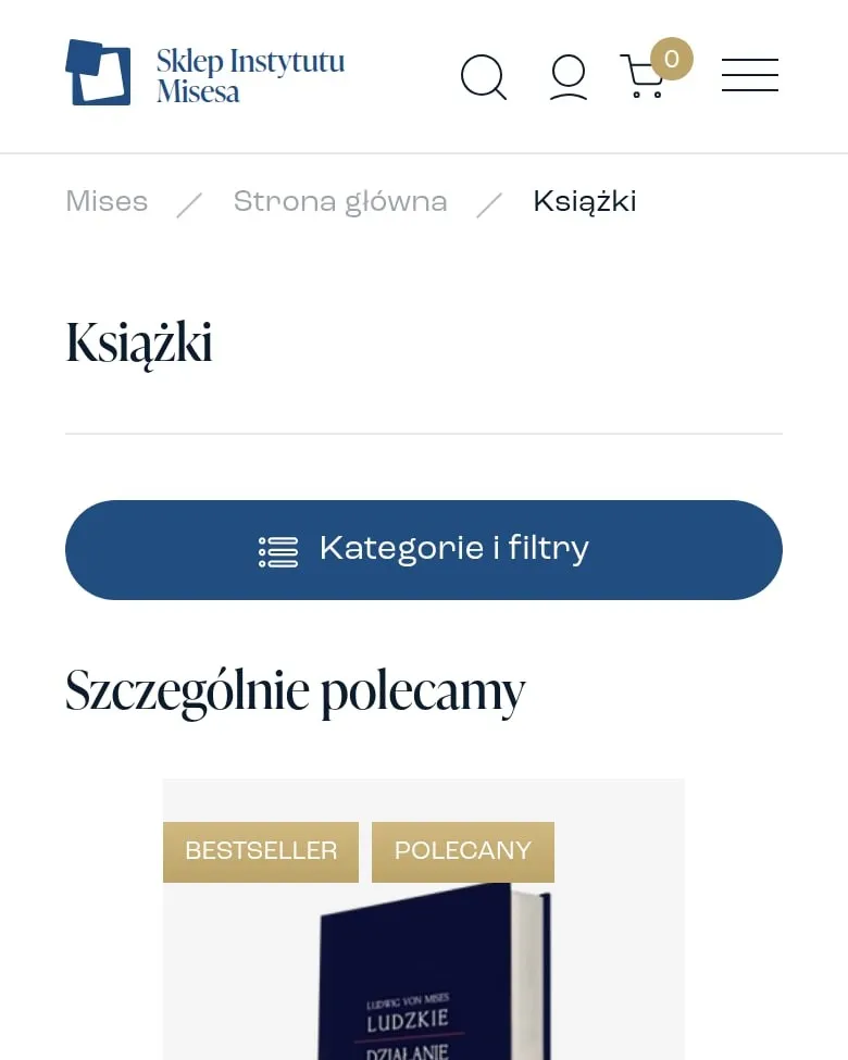 Kategoria „Książki” z przyciskiem „Kategorie i filtry” w sklepie na telefonie