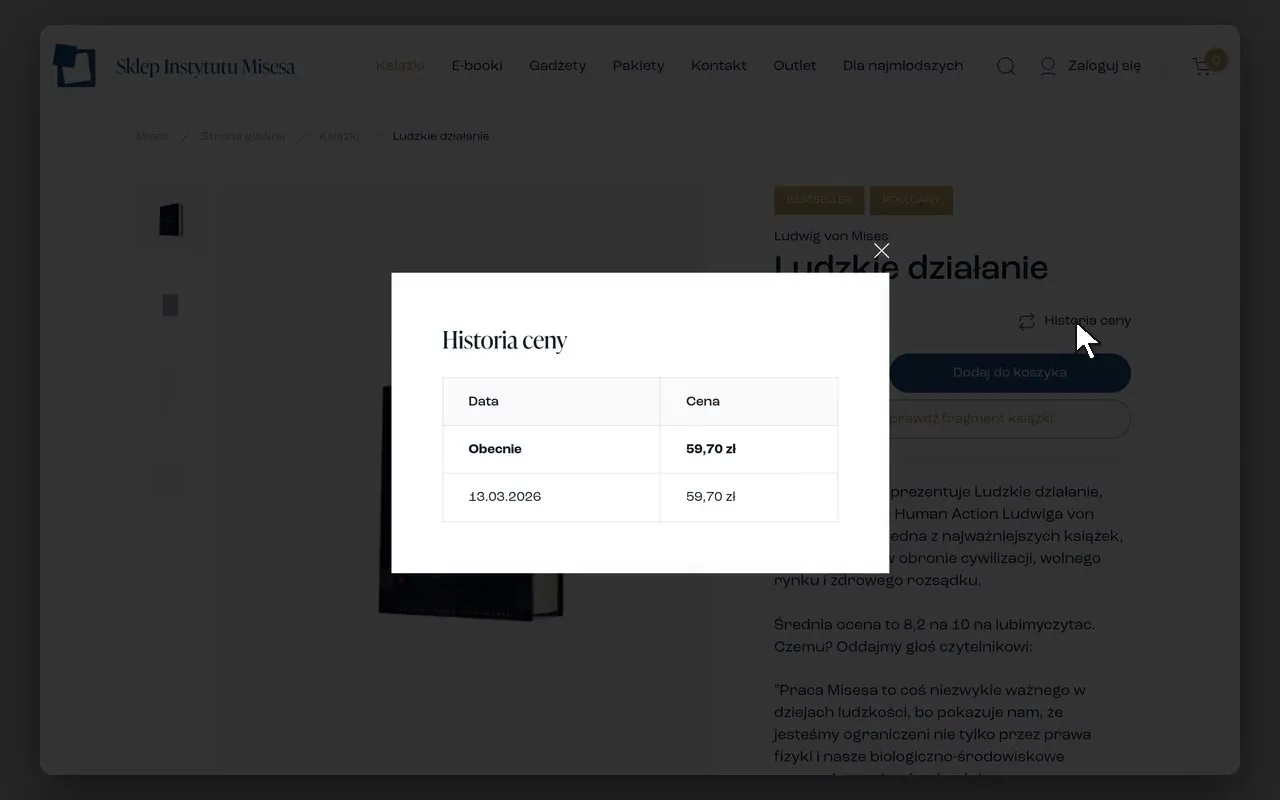 Okno „Historia ceny” na karcie książki „Ludzkie działanie” w sklepie Instytutu Misesa