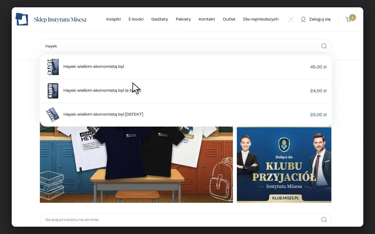 Wyszukiwarka produktów w sklepie Instytutu Misesa z podpowiedziami książek i cenami
