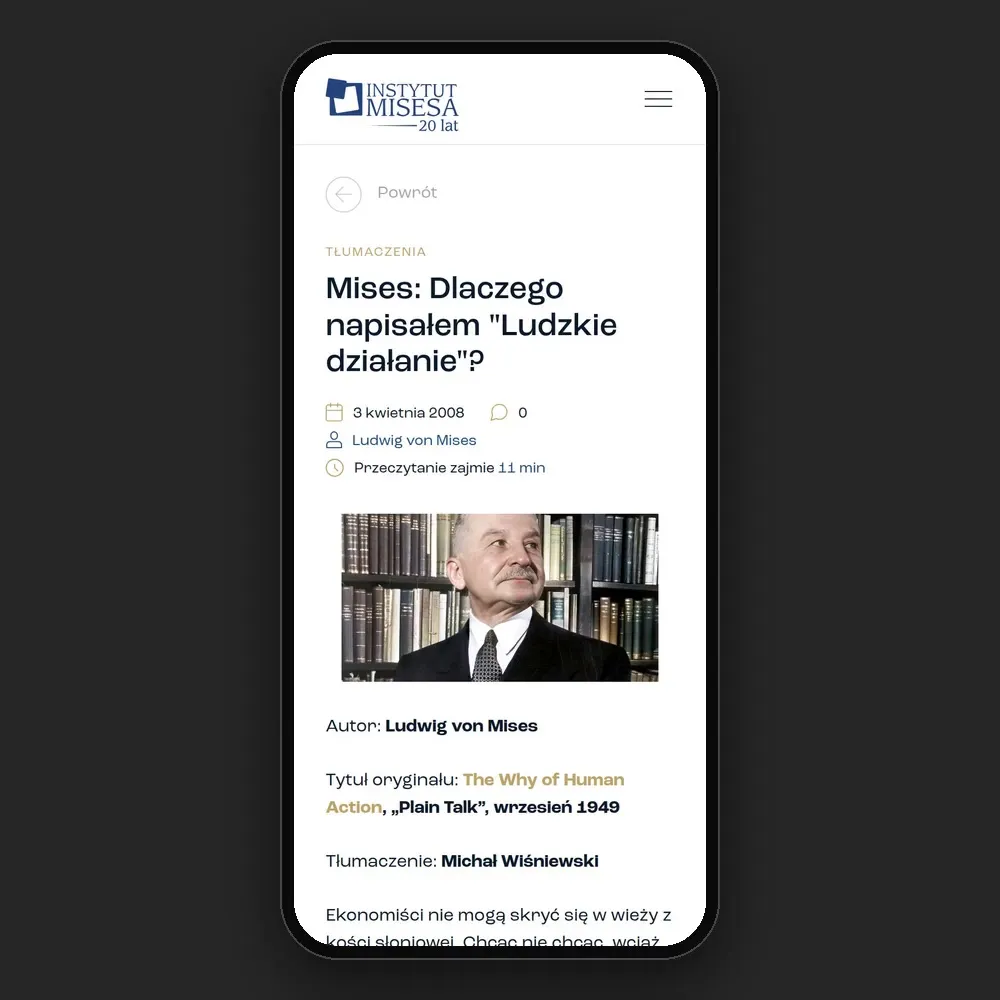 Artykuł na mises.pl na telefonie