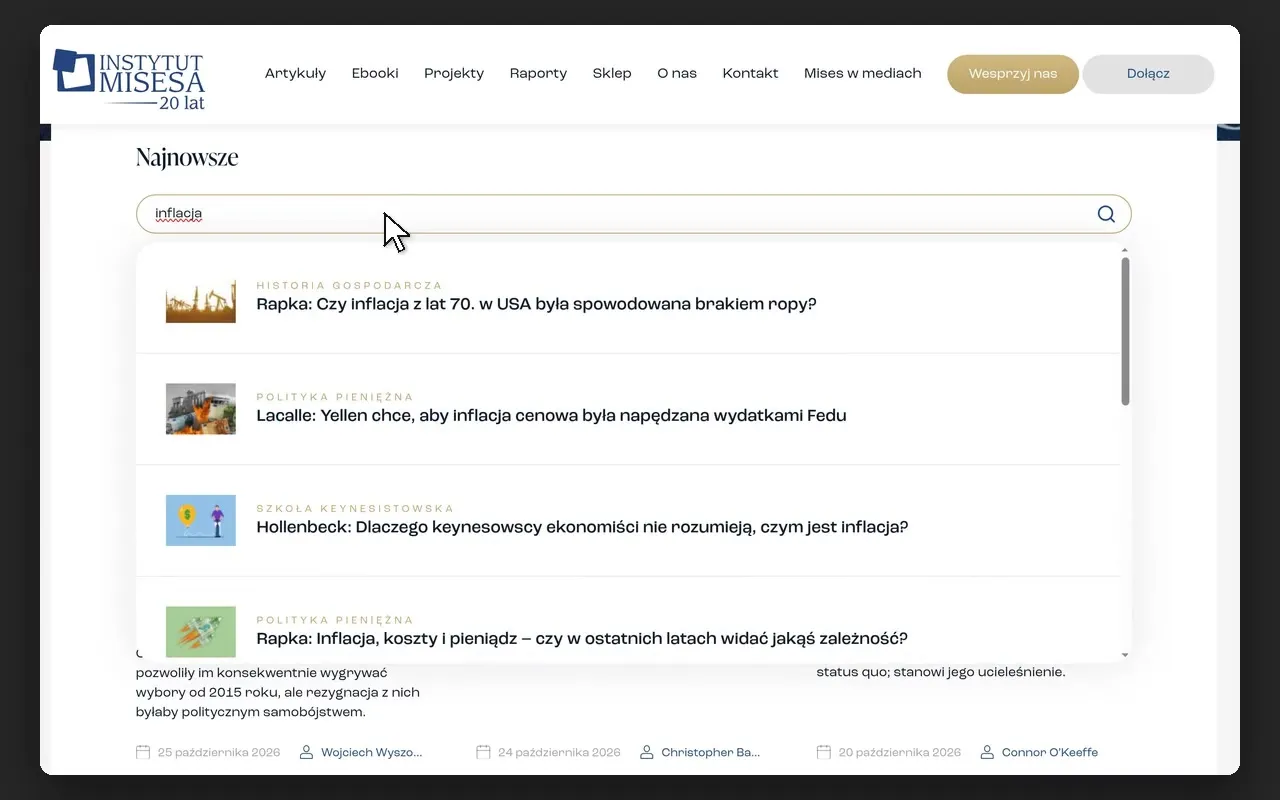 Wyszukiwarka tekstów na mises.pl z podpowiedziami artykułów po wpisaniu „inflacja”
