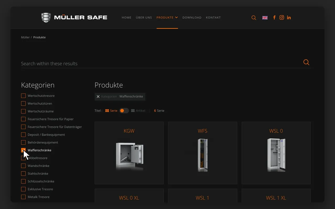 Katalog produktów Müller Safe po zaznaczeniu kategorii „Waffenschränke” w filtrze