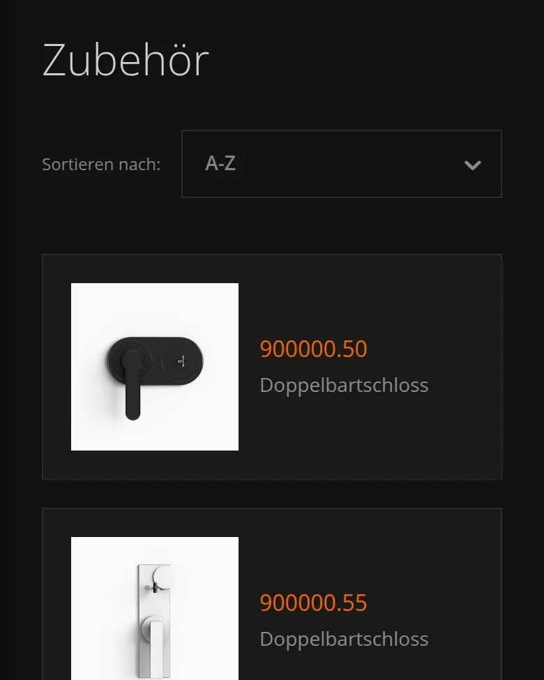 Lista akcesoriów (Zubehör) z sortowaniem na telefonie