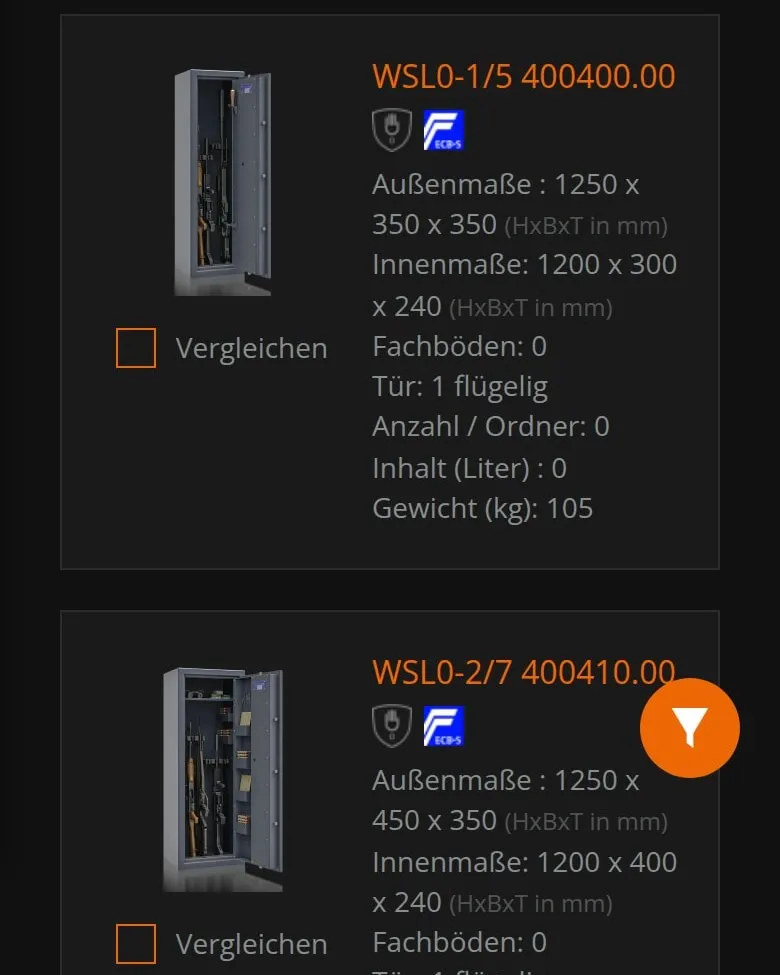 Modele serii WSL 0 z parametrami i polem „Vergleichen” na telefonie