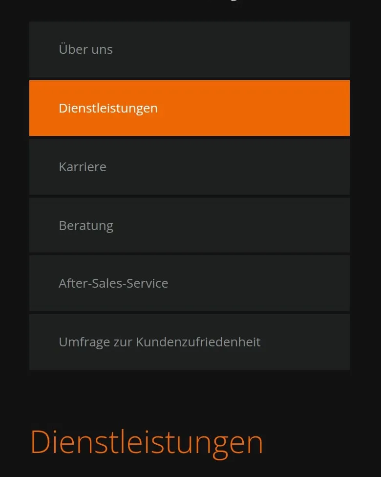 Menu sekcji „Über uns” i strona „Dienstleistungen” na telefonie