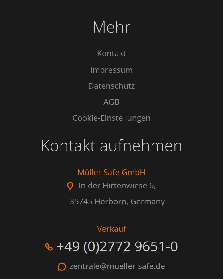 Dane kontaktowe Müller Safe GmbH w stopce na telefonie