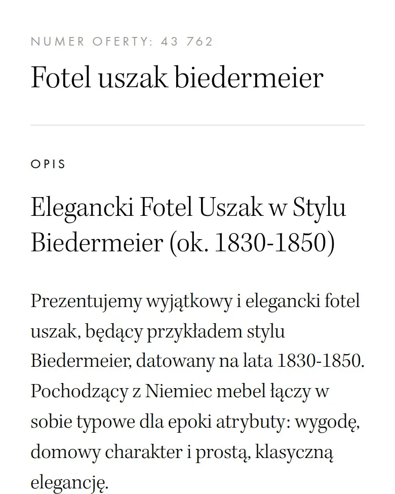Numer oferty i opis fotela uszaka biedermeier na telefonie