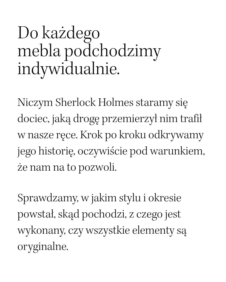 Sekcja „Do każdego mebla podchodzimy indywidualnie” na podstronie „O nas”