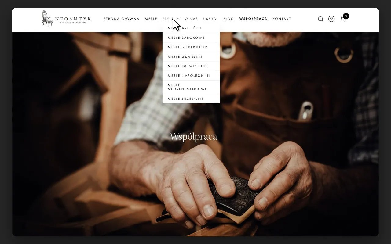 Rozwinięte menu „Style” z 8 stylami mebli na stronie Neoantyk