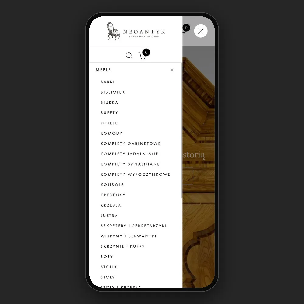 Menu kategorii mebli Neoantyk na telefonie