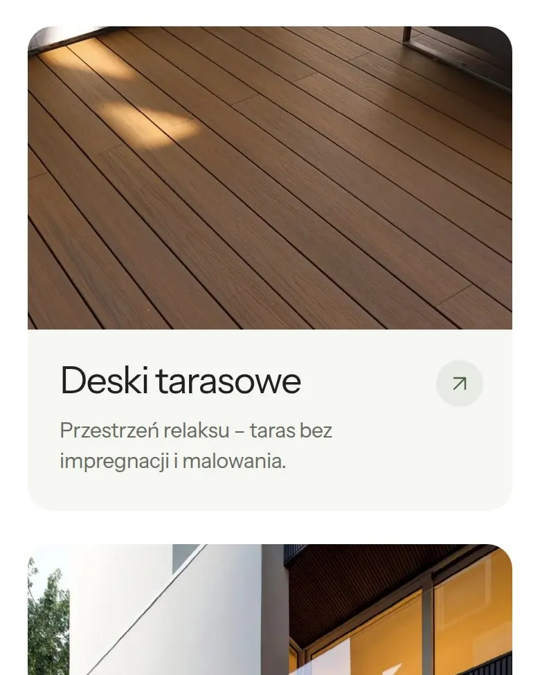 Kafelki kolekcji „Deski tarasowe” i „Deski elewacyjne” na stronie głównej newtechwood.pl na telefonie