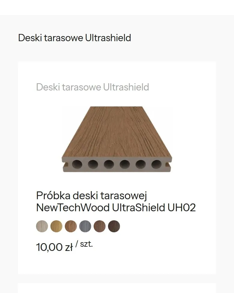 Próbka deski tarasowej UH02 w 6 kolorach za 10 zł na stronie „Zamów próbki” na telefonie