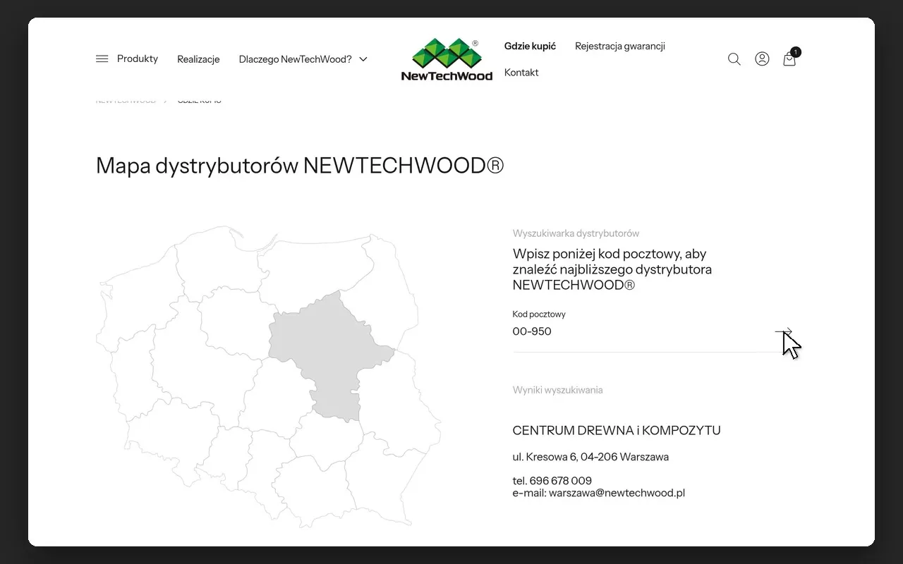 Mapa dystrybutorów NewTechWood z zaznaczonym województwem i danymi dystrybutora po wpisaniu kodu pocztowego
