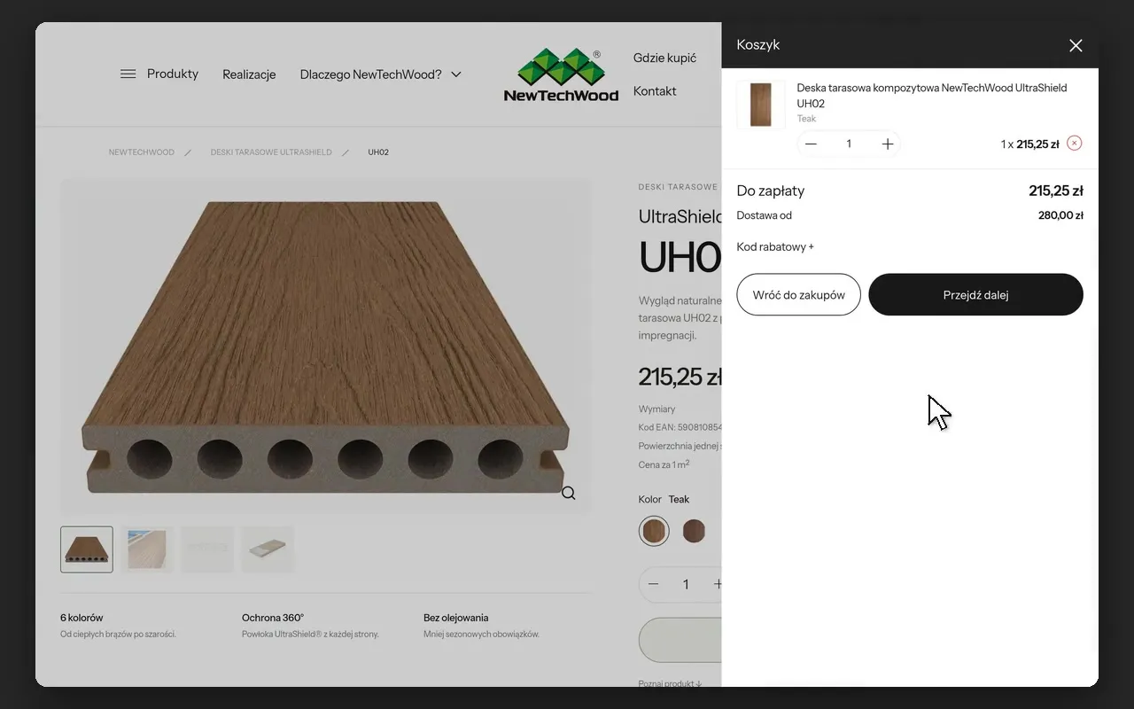 Karta deski UH02 na newtechwood.pl z wybranym kolorem Teak i wysuniętym koszykiem po dodaniu produktu