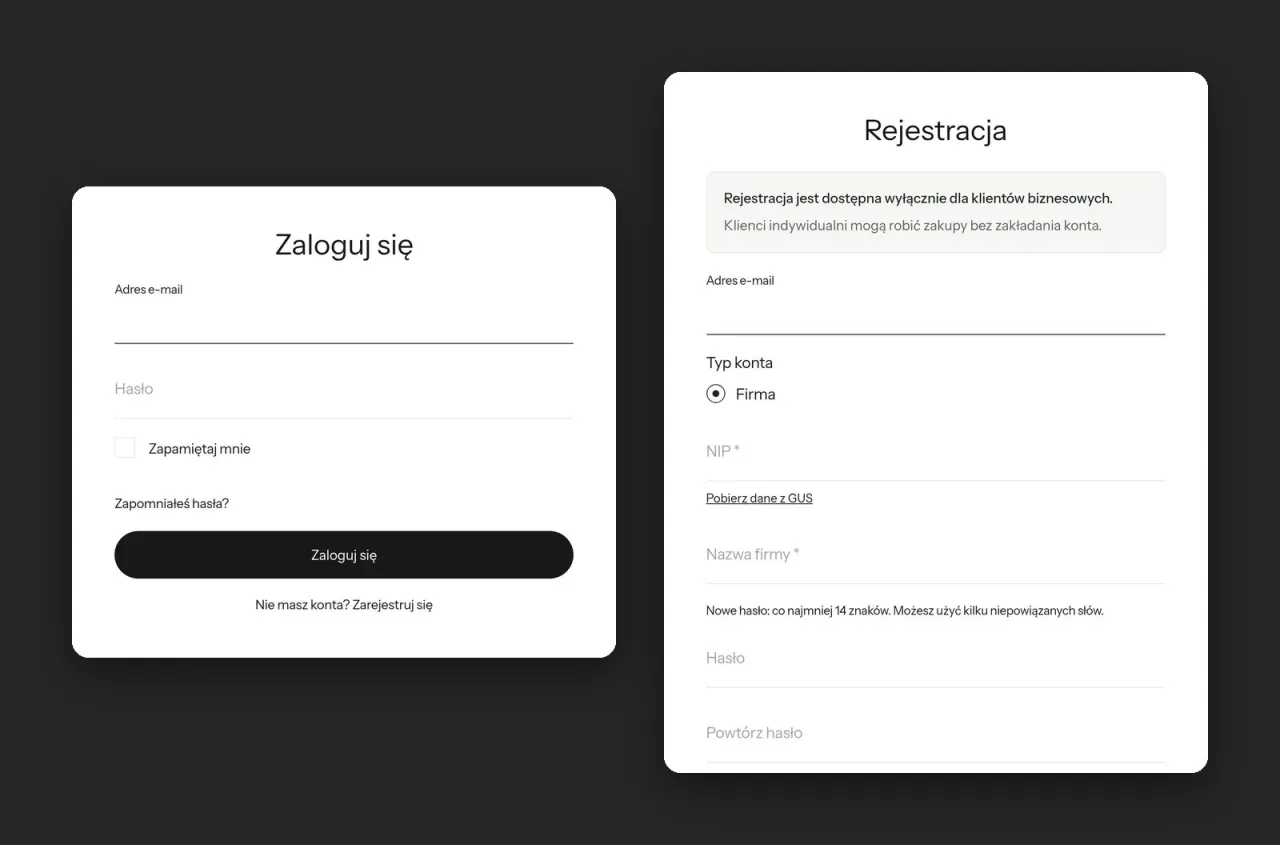 Okna logowania i rejestracji konta firmowego z numerem NIP i pobieraniem danych z GUS