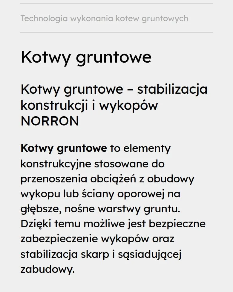 Podstrona technologii „Kotwy gruntowe” ze spisem treści na telefonie