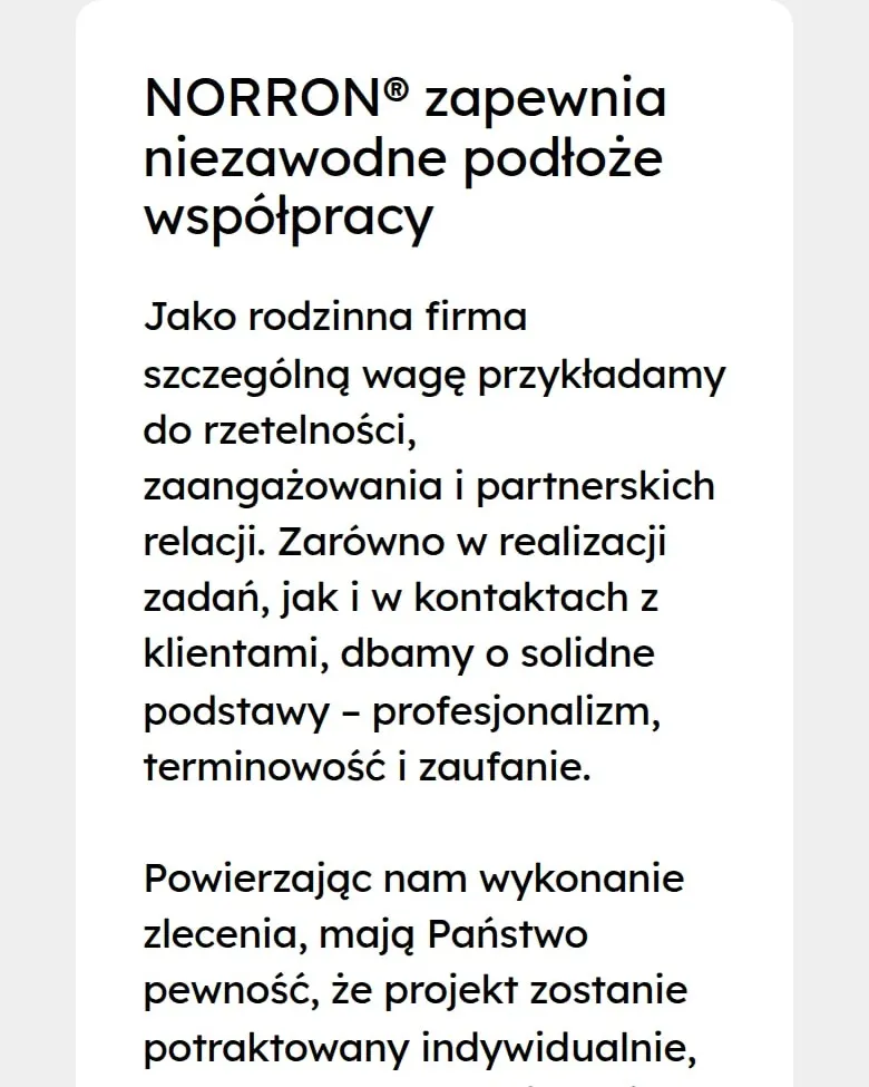 Sekcja „NORRON® zapewnia niezawodne podłoże współpracy” na telefonie