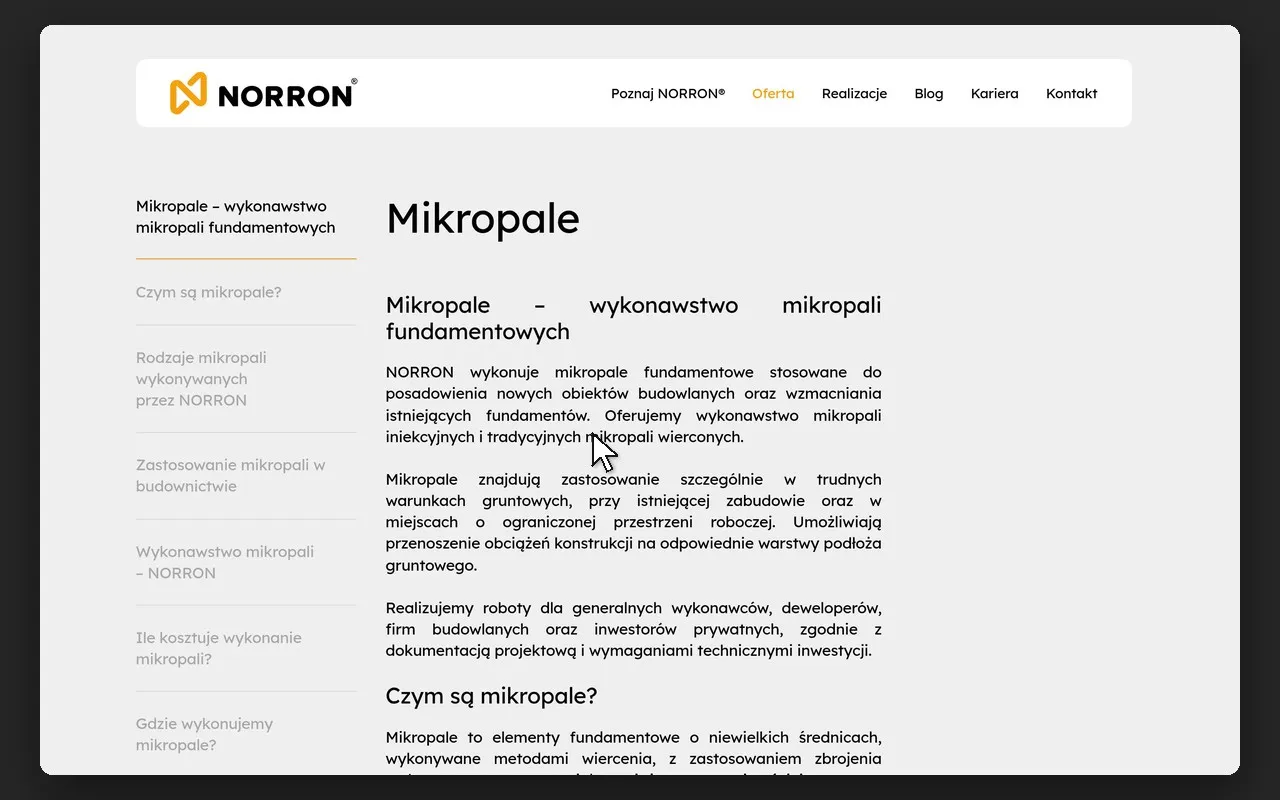 Strona „Oferta NORRON®” z przyciskami technologii, m.in. „Mikropale”