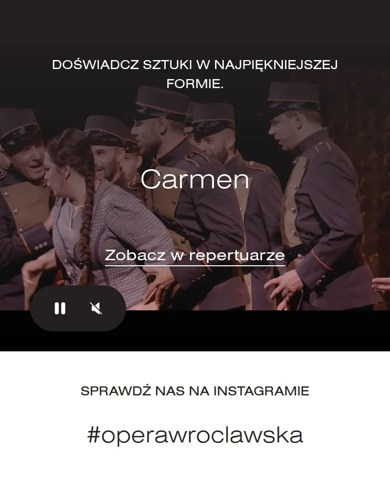 Sekcja z filmem „Carmen” i przyciskami pauzy i dźwięku na telefonie