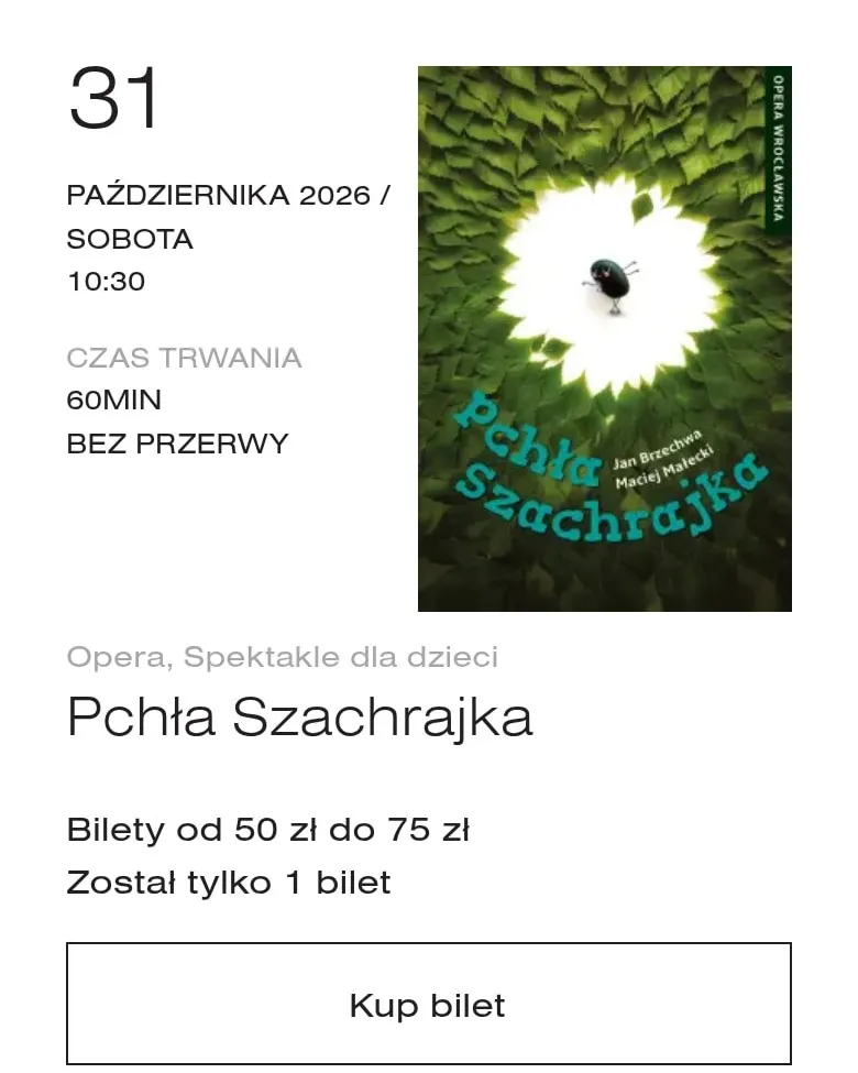 Pozycja w repertuarze z ceną biletów, informacją „Został tylko 1 bilet” i przyciskiem Kup bilet na telefonie
