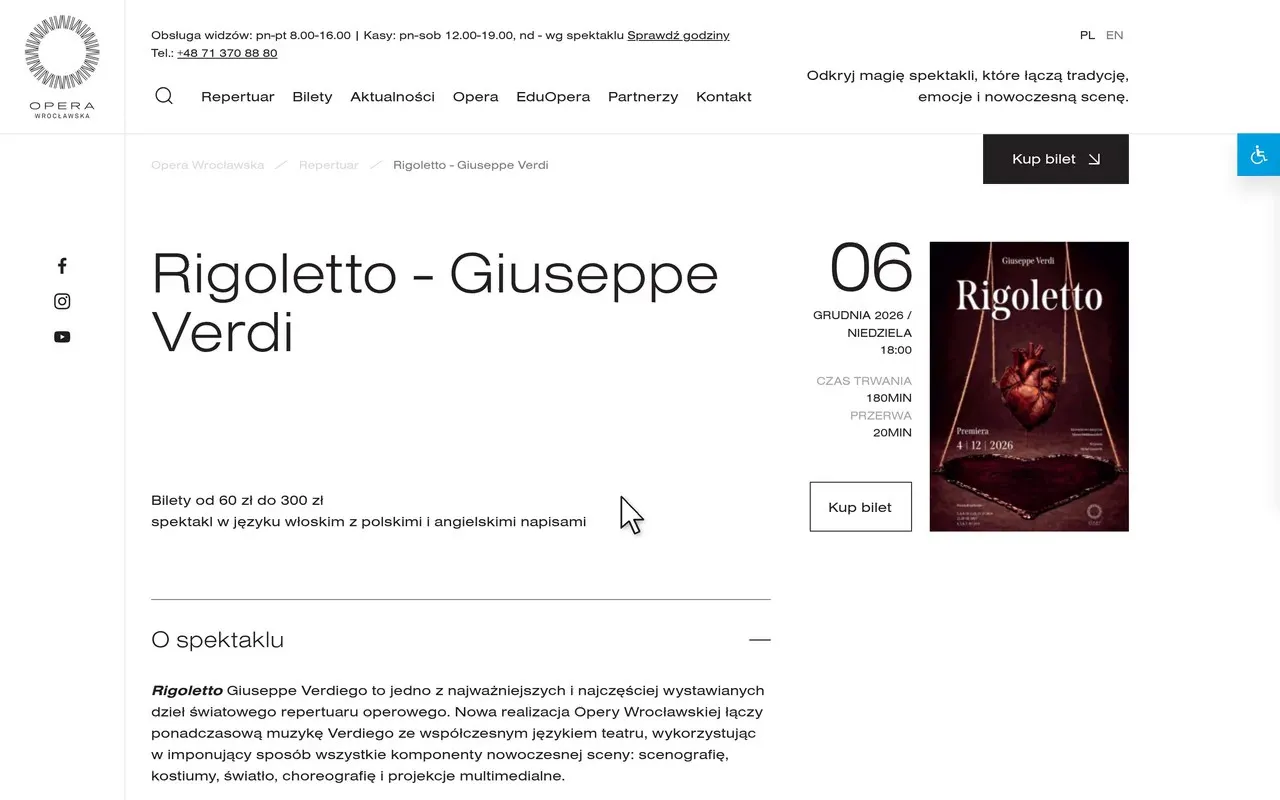 Karta spektaklu Rigoletto: termin, ceny, plakat i przycisk Kup bilet