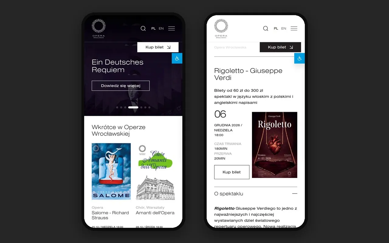 Strona główna i karta spektaklu Opery Wrocławskiej na telefonie