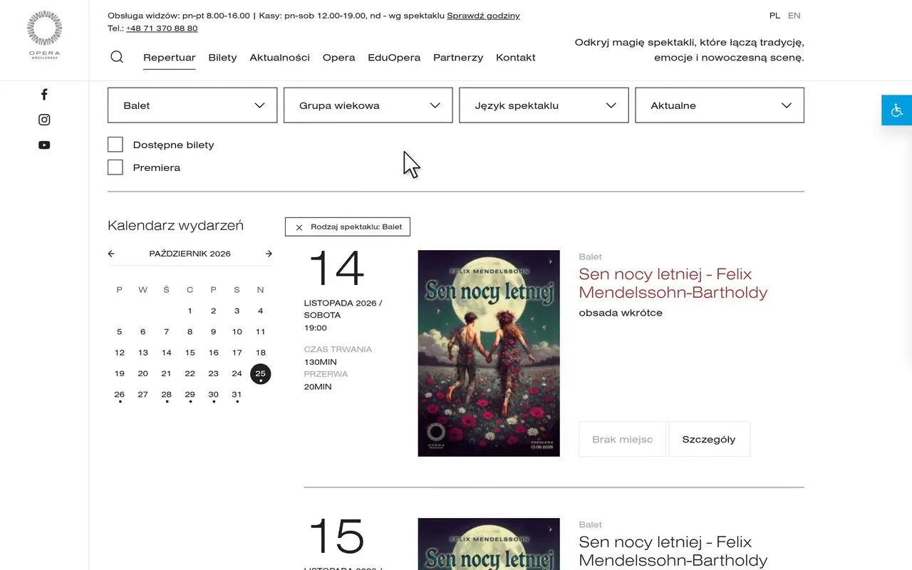 Repertuar Opery Wrocławskiej po wybraniu filtra „Balet”