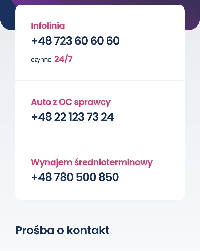 Numery kontaktowe ONE RENT na telefonie