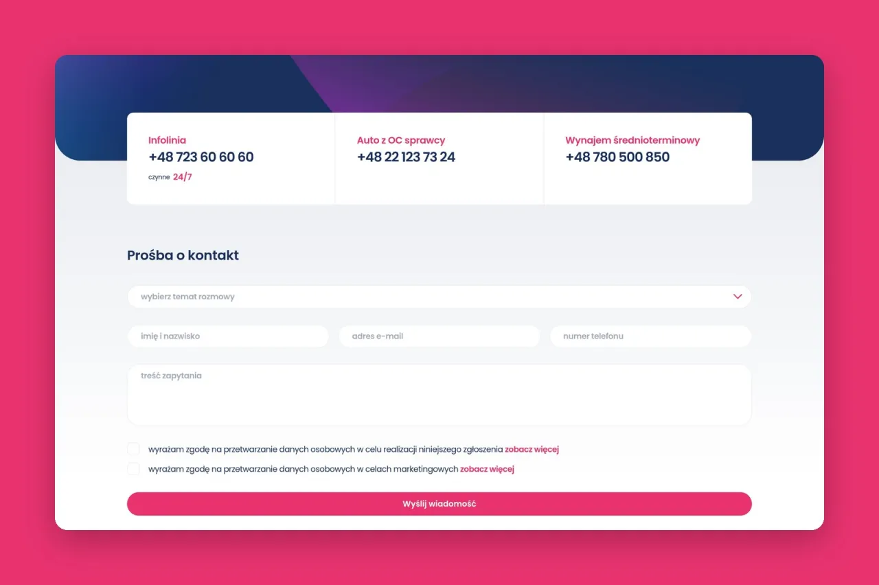 Strona Kontakt onerent.pl z numerami infolinii i formularzem
